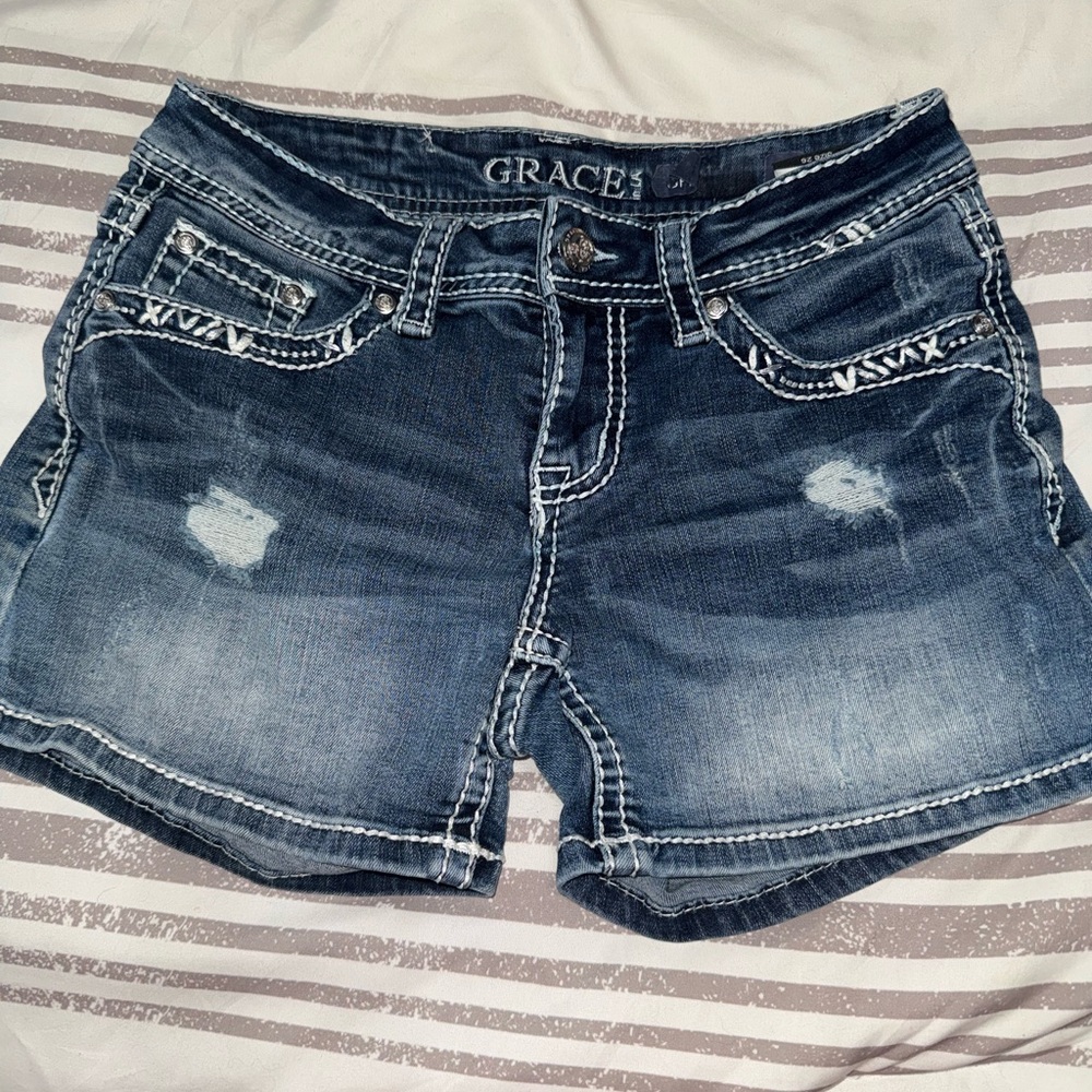 Grace Distressed Dark Blue Denim Shorts
